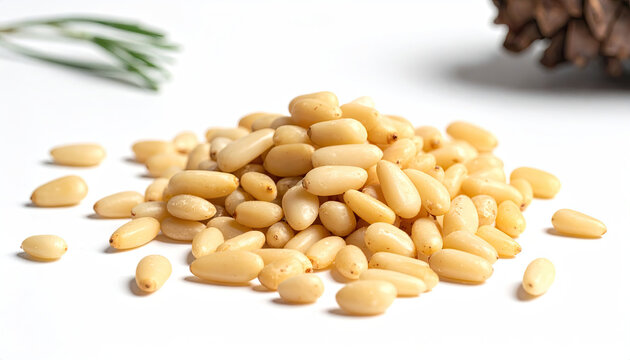 White pine nuts scattered on a white surface with pine cone