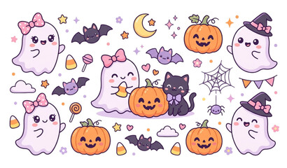 Obraz premium Cute Halloween Ghosts with Pink Bows and Pumpkins Vector Set