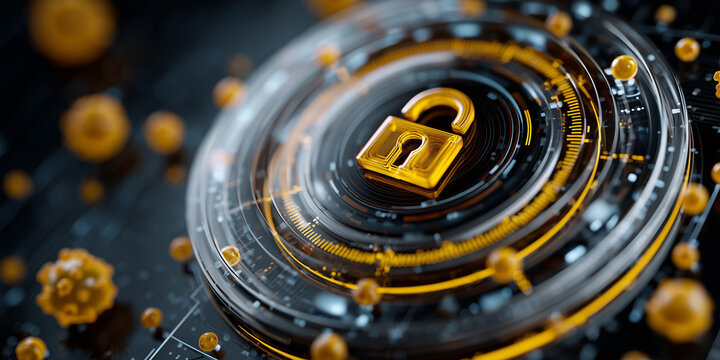 Digital lock symbolizing data privacy and cybersecurity legislation with abstract elements in a modern design