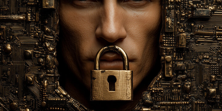 Conceptual image of a human face with a lock symbolizing data privacy and security amidst a circuit board background
