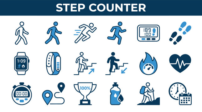 Step counter icon collection with walking running fitness tracker smartwatch pedometer hiking route health and activity monitoring symbols for mobile applications