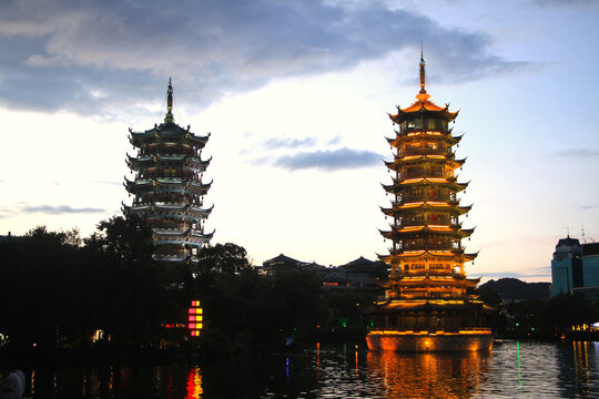 Evening View of Sun and Moon Pagodas in Guilin, China