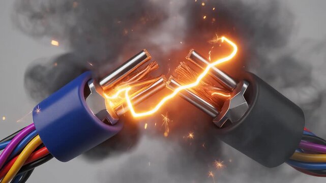 Electricity sparks flying between two cable connectors.