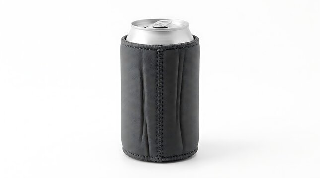 Aluminum beer can inside a black neoprene stubby holder or drink cooler sleeve. koozie mockup