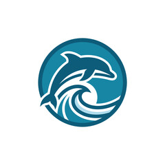 Fototapeta premium Stylized Dolphin Jumping Over Sea Wave Circular Emblem