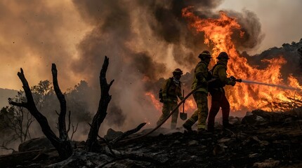 Fototapeta premium Firefighters Battling Massive Wildfire with Water Hose