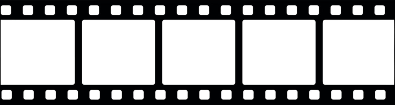 Seamless horizontal black film strip with blank frames creating a nostalgic cinematic look on a clean white background.