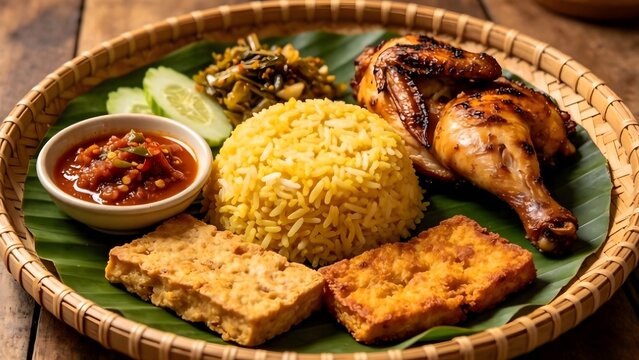 Indonesian Nasi Kuning with Ayam Bakar Tempe Tahu and Sambal on Bamboo Tray