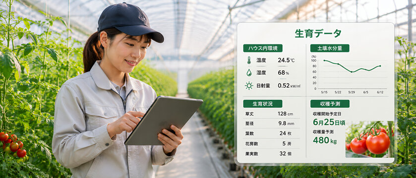タブレットで生育データを確認する女性農業スタッフ　スマート農業イメージ