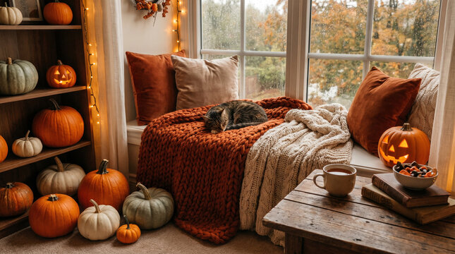 Cozy Autumn Interior with Sleeping Cat and Pumpkins by Window for Fall Home Decor and Seasonal Relaxation Atmosphere