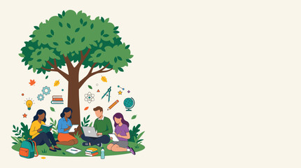 Fototapeta premium Students sit beneath a large green tree studying together with educational icons floating around them.