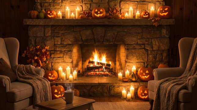 Cozy Halloween Fireplace Living Room Scene with Glowing Jack-o-lanterns and Flickering Candles for Atmospheric Autumn Home Decor