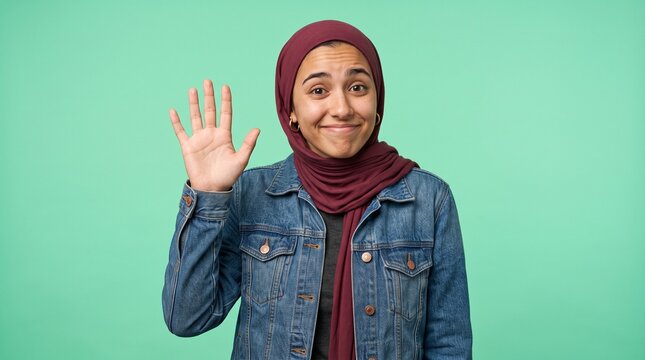 Young woman wearing hijab waving hand in greeting with non verbal greeting friendly headscarf positive portrait background expression lifestyle beautiful cheerful cultural