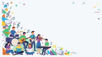 Fototapeta premium Musical band members performing instruments and students reading books surround the text area in this educational illustration.