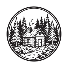Obraz premium Rustic log cabin in a pine forest vintage circle emblem