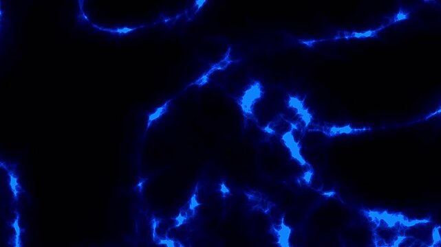 Microscopic view of glowing blue biological structures moving.