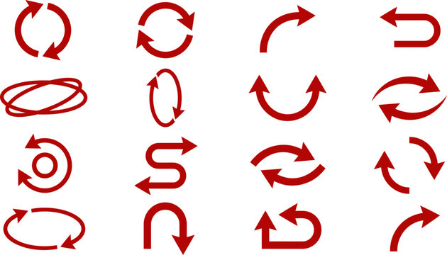 Collection of red round arrow sign icon set, isolated on transparent background.