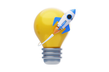 3D illustration of a rocket launching from a light bulb, symbolizing a bright idea PNG. © Tetradot