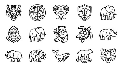 Wild Animals and Nature Icons: Tiger, Elephant, Panda, Gorilla, Rhino, Bear, Turtle © Teh