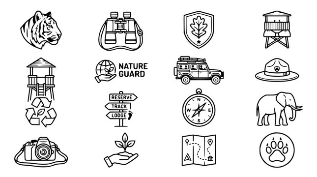 Wildlife Safari Icons: Tiger, Elephant, Jeep, Binoculars, Compass, Ranger Hat