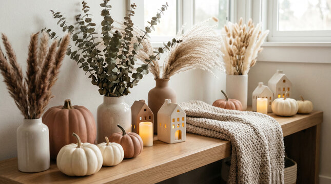 Cozy autumnal home decor display with white and terracotta pumpkins, dried pampas grass, and glowing candles creating a warm, inviting fall ambiance