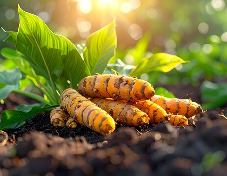 Freshly harvested turmeric roots with green leaves and rich soil in natural sunlight, representing organic farming, agriculture and sustainable food production.
