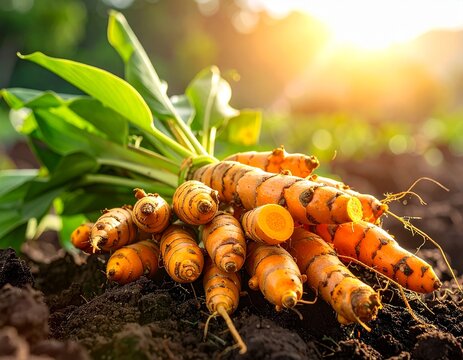 Freshly harvested turmeric roots with green leaves and rich soil in natural sunlight, representing organic farming, agriculture and sustainable food production.