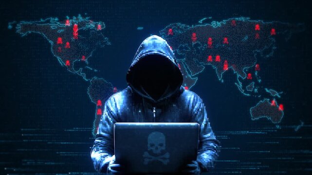 Hacker with hoodie and glitch face. Computer abstract digital code at the background. Dark web or darknet fraud