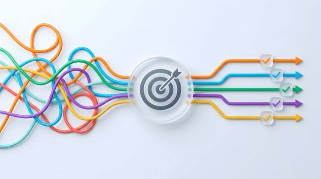 Pastel colored tangled strings entering a transparent glass target and emerging straight with checkmarks symbolizing modern clear business processes
