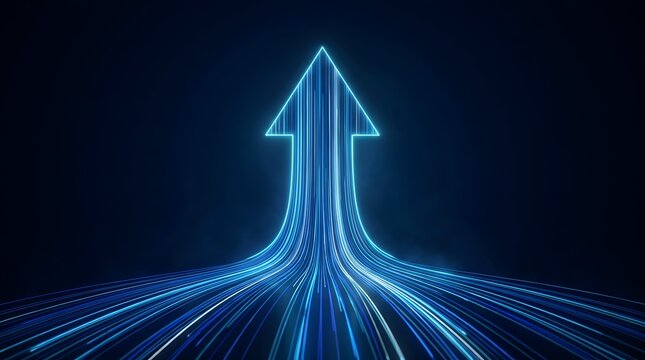 Glowing blue neon light trails converging into a massive upward arrow representing digital speed technological growth and future business success