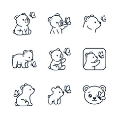 Cute Bear Cub and Butterfly Illustrations Set, Vector Art © dika