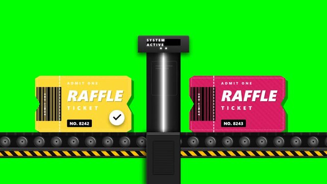 Animated raffle tickets moving on conveyor belt with scanner on green screen for prize drawing and lottery concepts