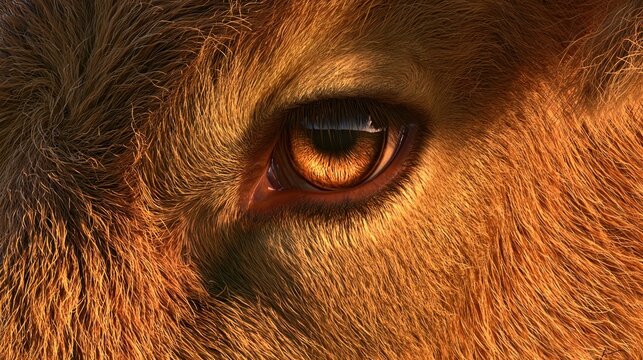 Extreme close-up of brown cow eye and fur texture.
