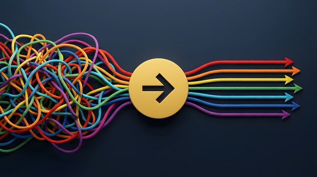 Colorful chaotic tangled ropes passing through a yellow arrow circle turning into straight organized lines for business process simplification