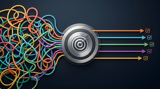 Colorful messy strings going through a metallic target to become straight checked lines symbolizing clear business strategy and success