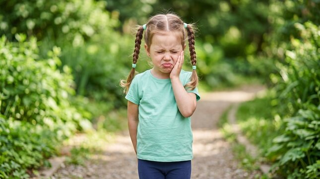 Upset little girl with braids standing on path and touching cheek with hand toothache touching suffering discomfort expression childhood distress bothered emotional