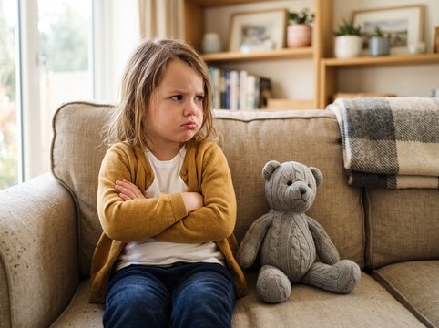 Cross little girl sitting on sofa with arms folded beside her teddy bear frustrated stubborn expression behavior development personality displeased difficult disobedient