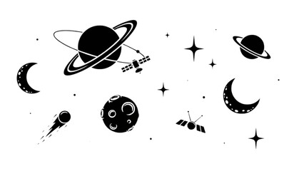 Black and white space and astronomy icons with planets and shooting star © FARUK