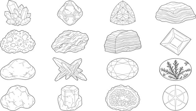 Minerals Rocks and Gemstones Line Art Vector Collection with Geological Specimens