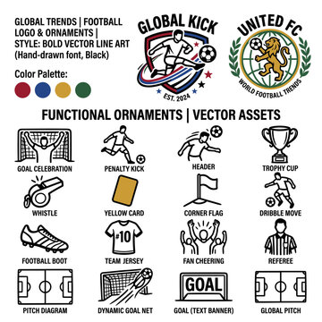 Football soccer vector logo and functional line art icons asset pack including player actions, equipment, and match elements.