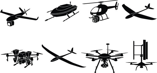 Set of unmanned aerial vehicle silhouettes including drones quadcopters glider planes and surveillance helicopters isolated on white background © MstRehna