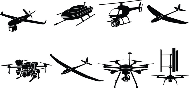 Set of unmanned aerial vehicle silhouettes including drones quadcopters glider planes and surveillance helicopters isolated on white background