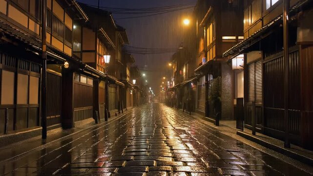 Rainy Night in a Traditional Japanese Street 4K Generative AI
