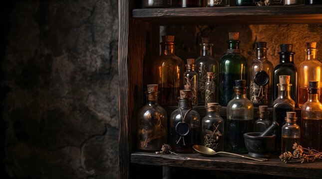 Alchemist's shelf with various potion bottles and mortar, arcane and magical ingredients, mysterious collection halloween concept, texture background, copy space