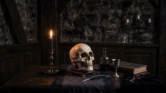 Eerie still life of a skull on a desk, lit by a single candle, evoking mystery and mortality halloween concept, texture background, copy space