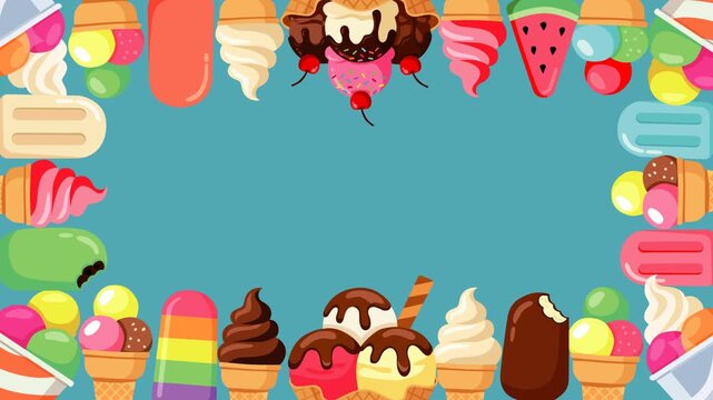 Playful ice cream and popsicle border featuring colorful frozen treats on a blue background with copy space. Perfect for summer promotions, dessert themes, kids content, menus, and looping footage.