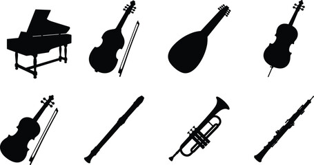 Set of classical musical instruments silhouettes including piano violin cello trumpet flute and lute isolated on white background © MstRehna