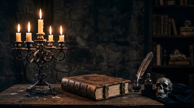 Mysterious alchemy lab with burning candles, ancient book, and skull, gothic atmosphere and occult knowledge halloween concept, texture background, copy space