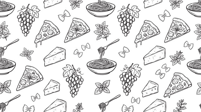 Hand drawn italian food seamless pattern with pizza pasta cheese and grapes in black and white sketch