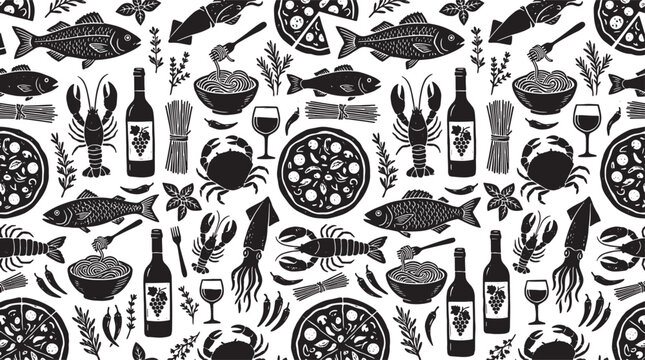 Mediterranean food pattern with seafood pizza and wine in a hand drawn linocut block print style